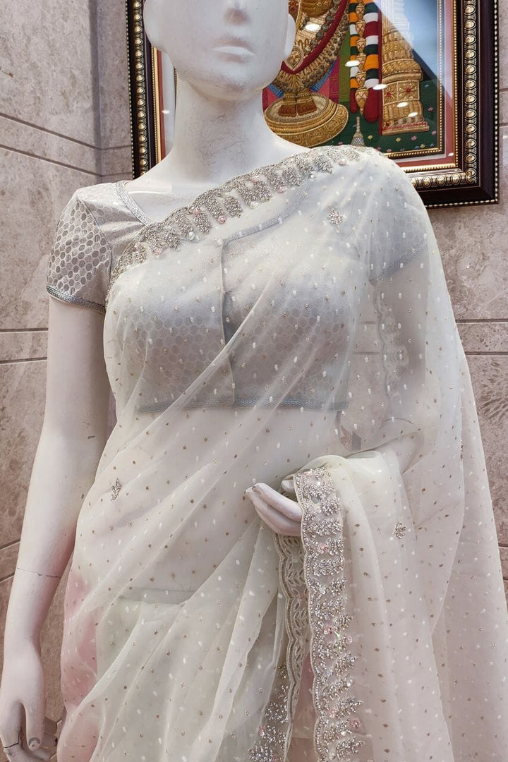 Glass Tissue Saree In Off-White Color