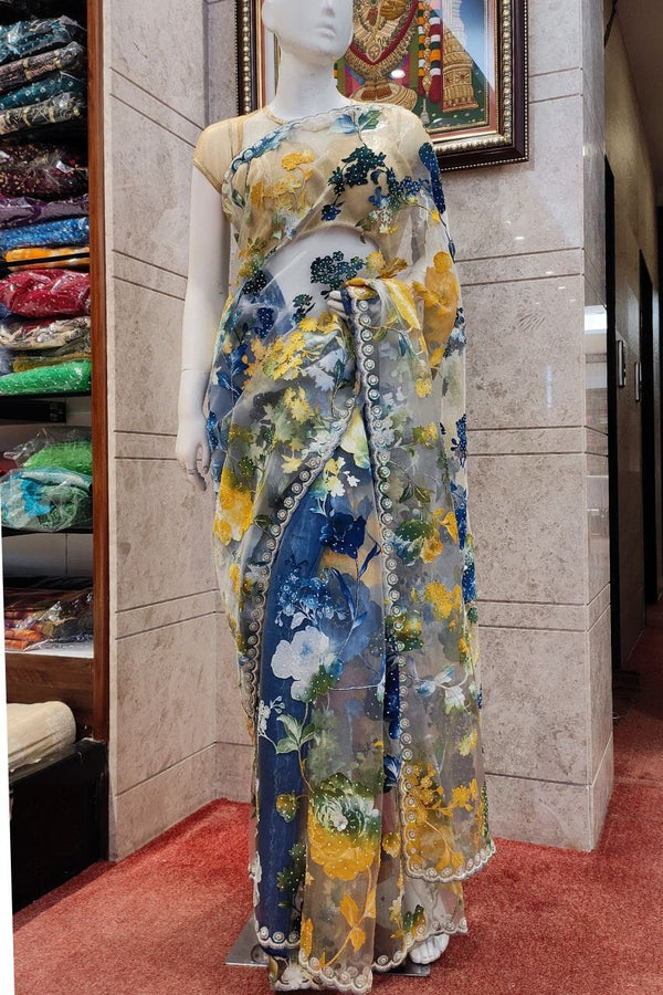 Glass Tissue Saree With Floral Printed