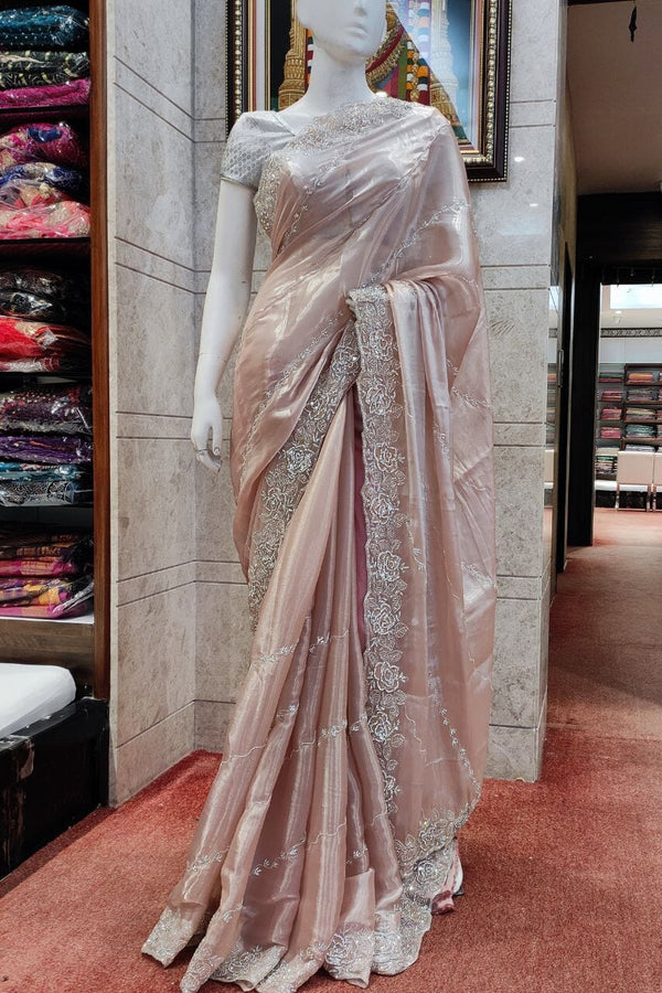 Glass Tissue Saree With Stone Work Border