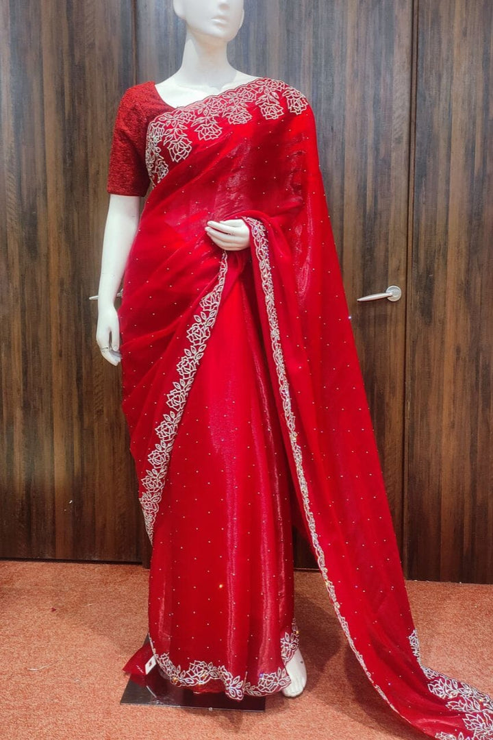 Glass Tissue Saree With Stone Work Border