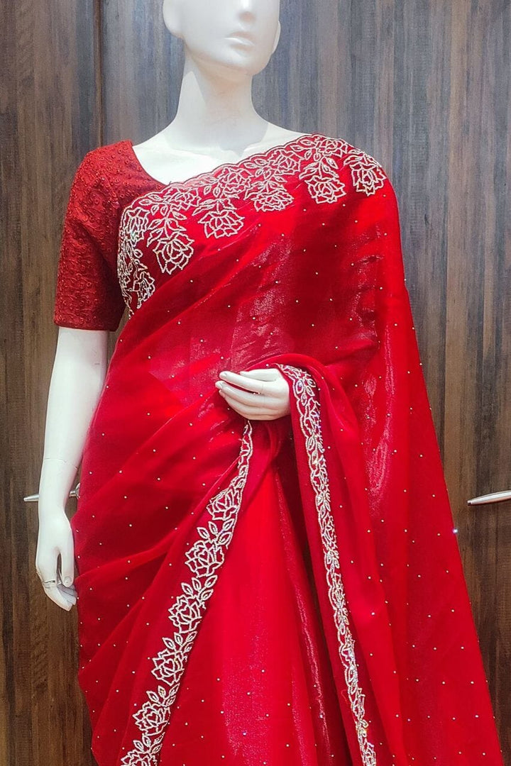 Glass Tissue Saree With Stone Work 