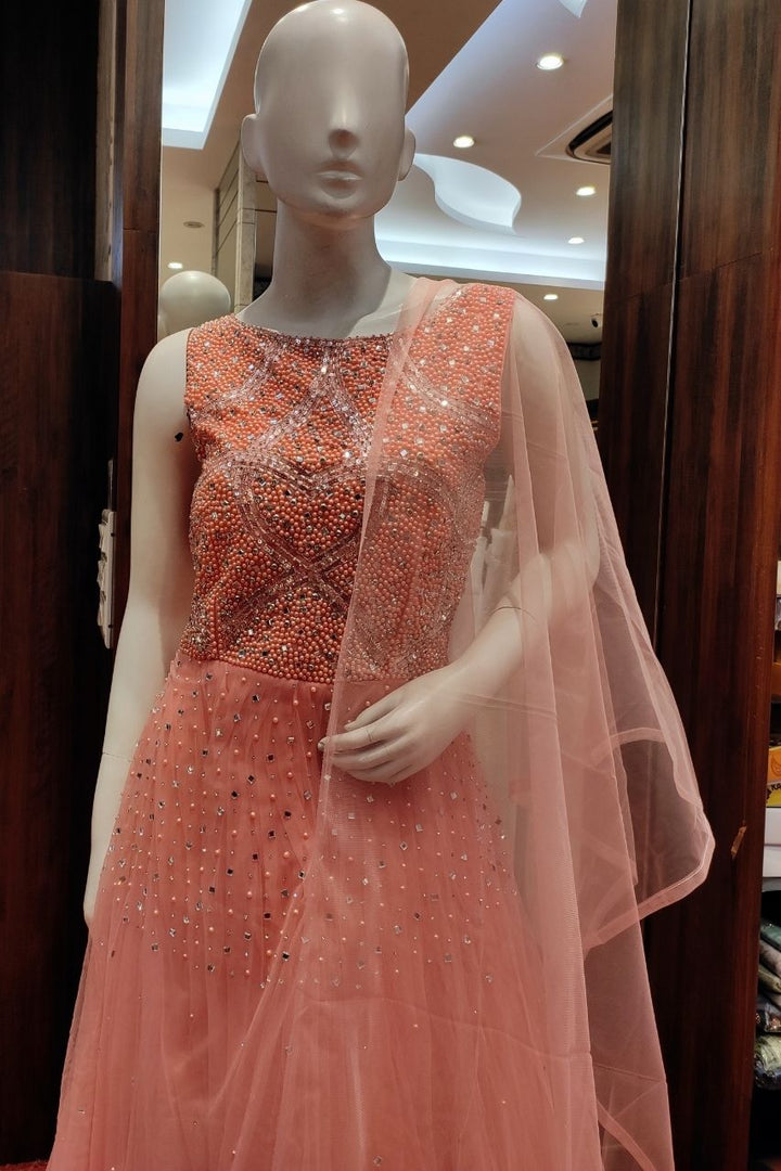 Gown In Net Fabric With Pearl Embroidered Yoke 