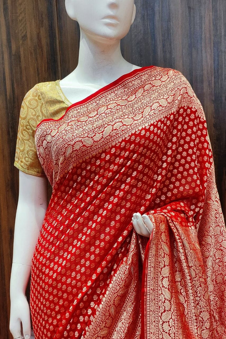 Khaddi Georgette Saree In Red Color