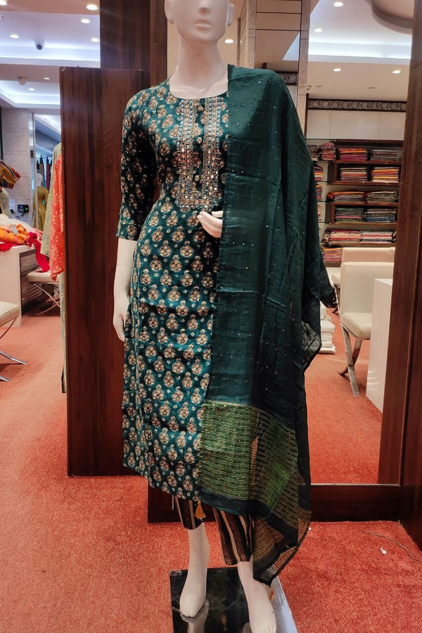 Kurti Pant Set With Dupatta In Green Color
