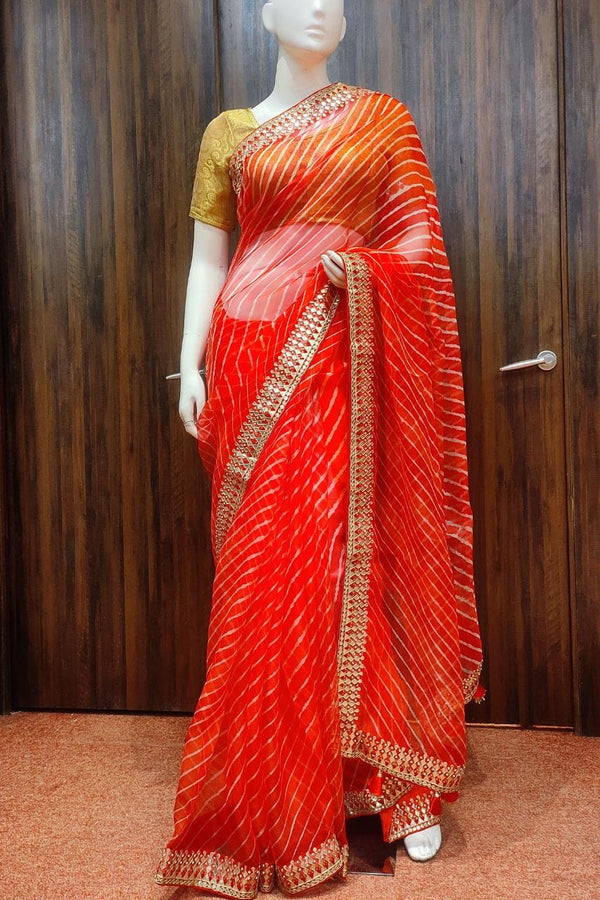 Leheriya Printed Organza Saree With Gota Patti Border