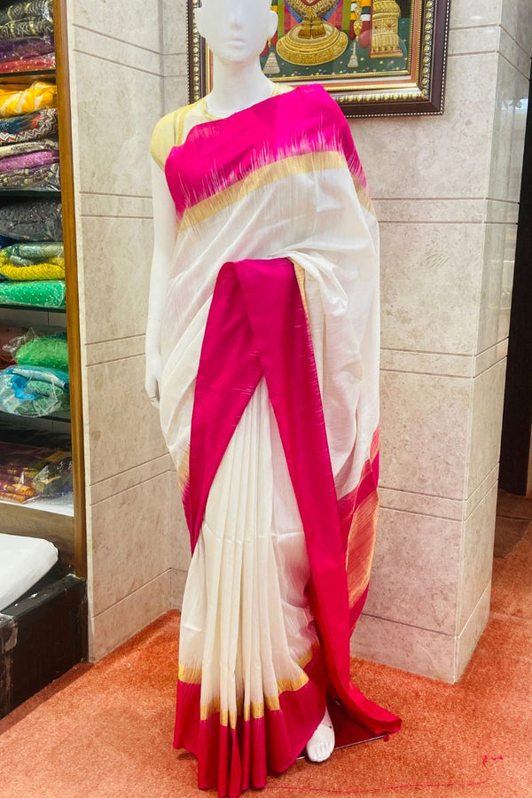 Off White Matka Silk Saree with Contrast Border