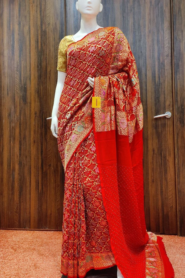 Meenakari Bandhej Saree In Red Color