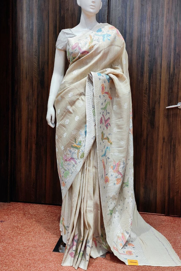 Muga Tussar Silk Saree With Bird Motif Border