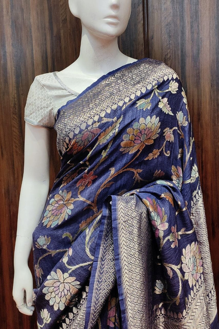 Muga Tussar Silk Saree With Floral Zari