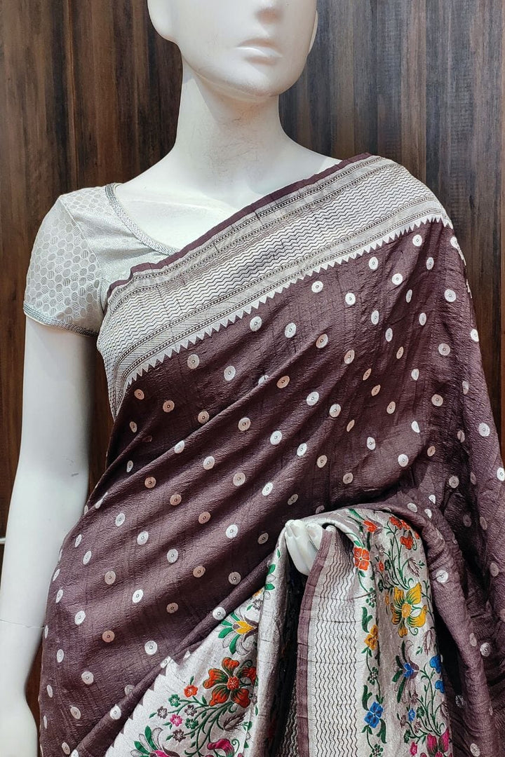 Muga Tussar Silk Saree With Minakari Embroidered 