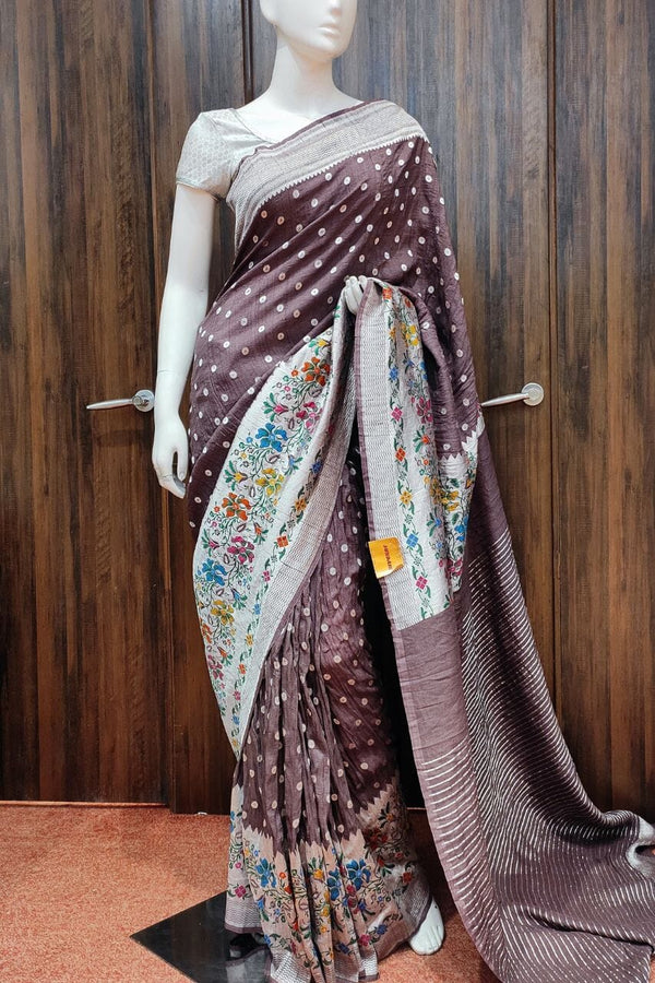 Muga Tussar Silk Saree With Minakari Embroidered Border