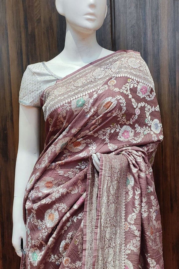 Muga Tussar Silk Saree With Minakari Jaal 