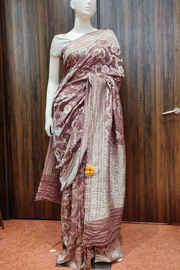 Muga Tussar Silk Saree With Minakari Jaal Work