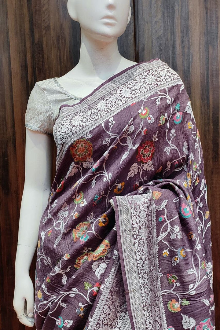 Muga Tussar Silk Saree With Minakari