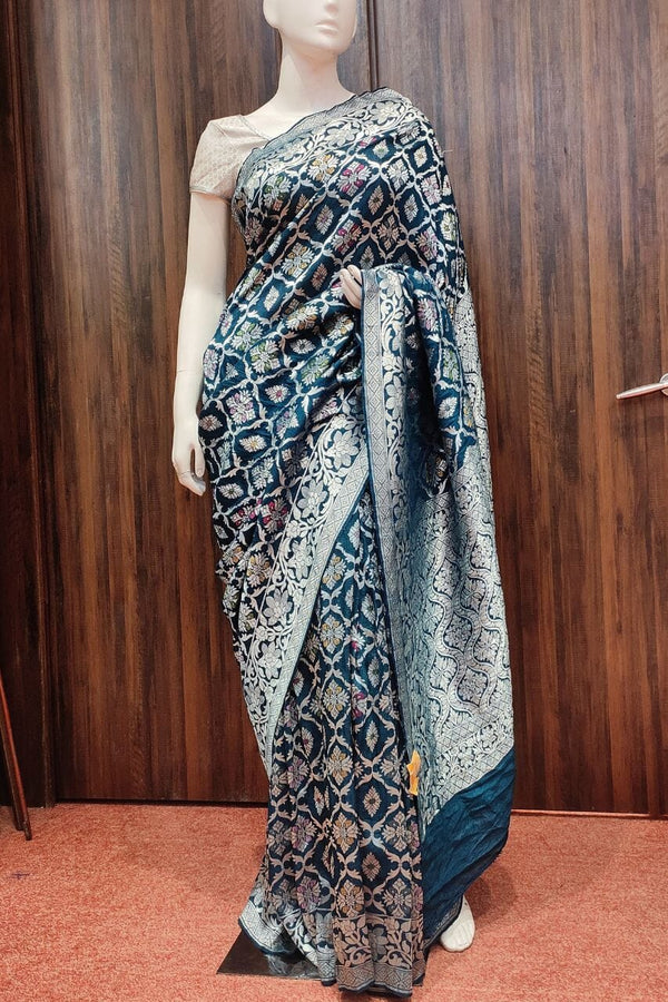 Muga Tussar Silk Saree With Silver Zari Jaal Work