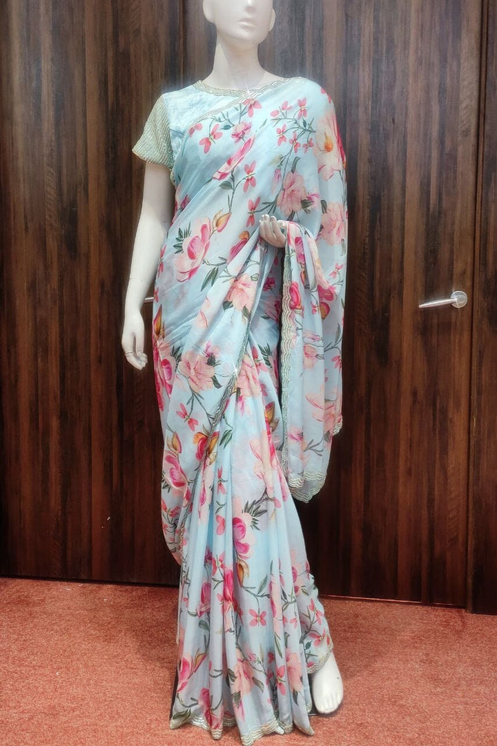 Printed Chiffon Saree With Ready-Made Blouse