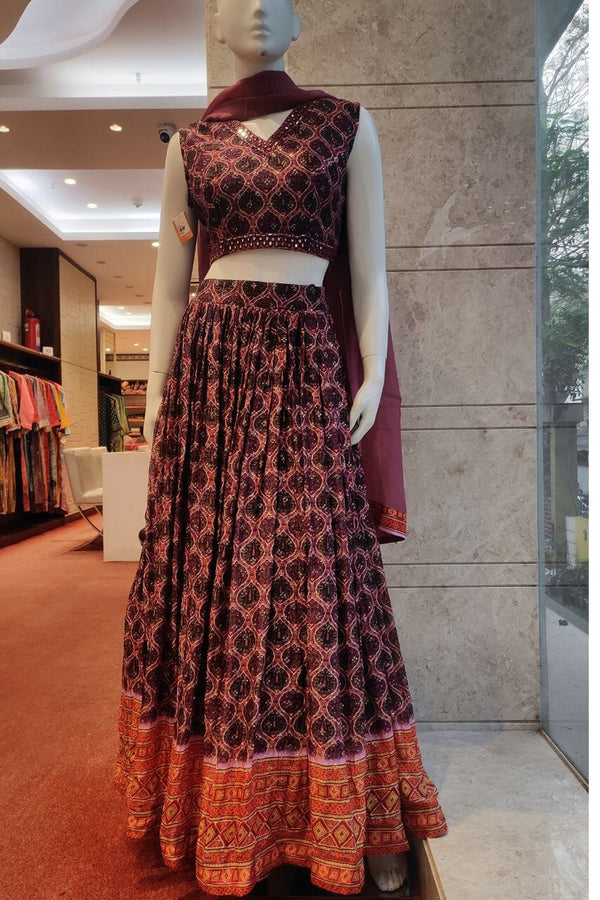 Printed Crop-Top Lehenga Set With Dupatta