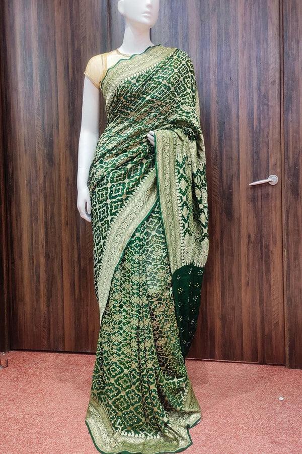 Pure Bandhej Saree In Dark Green Color