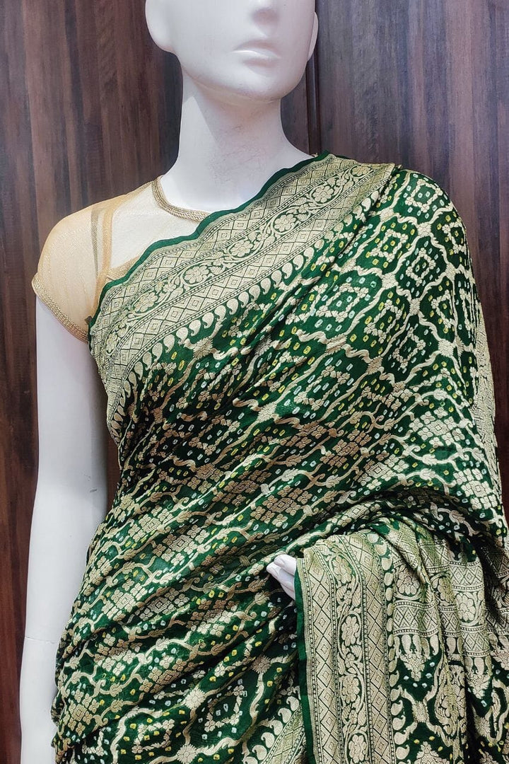 Pure Bandhej Saree In Green Color