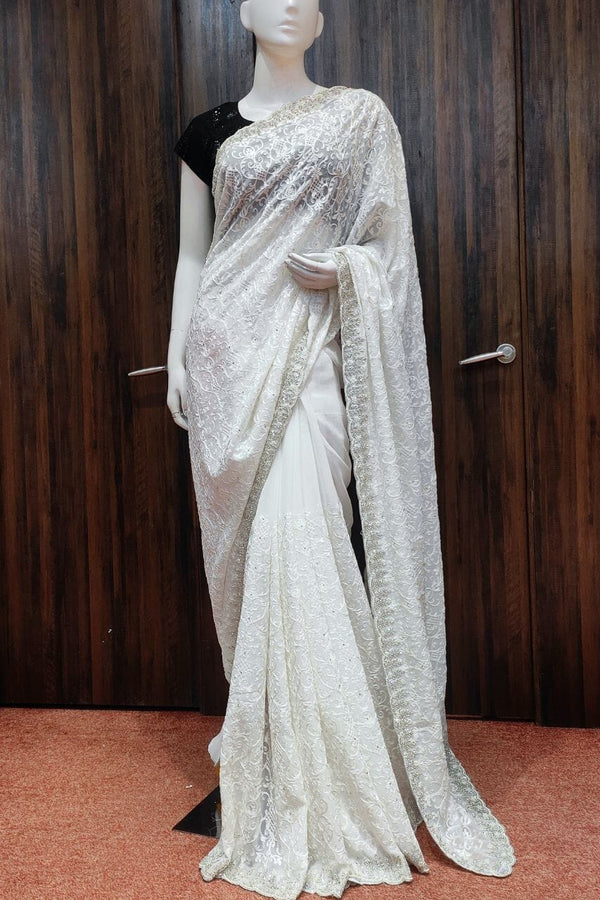 Pure Georgette Saree In White Color