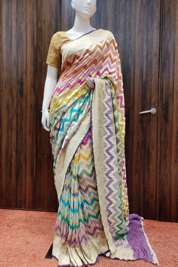 Pure Georgette Saree With Multicolor Zig-Zag Prints
