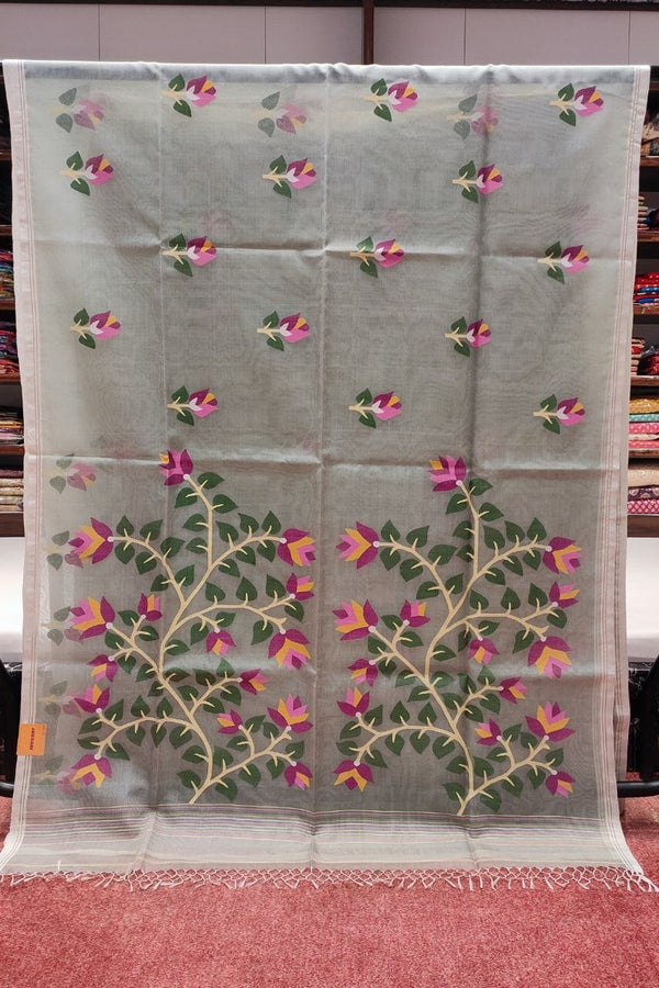 Pure Muslin Silk Saree With Floral Hand Weaving