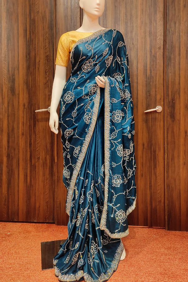 Pure Satin Silk Saree With Stone Work