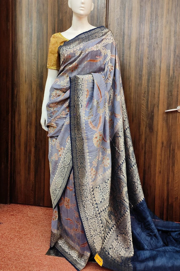 Pure Tussar Silk Saree With Floral Embroidered