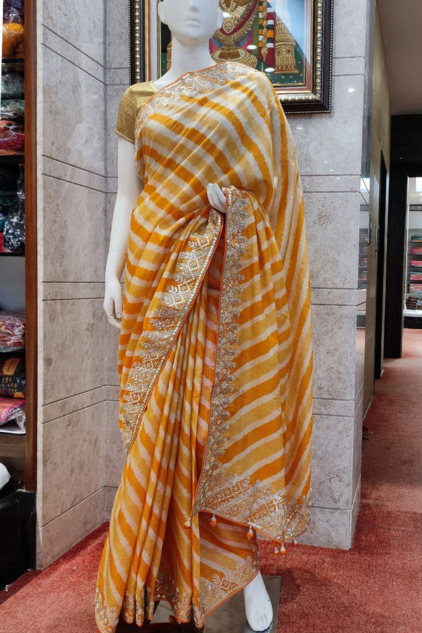 Pure Tussar Silk Saree With Leheriya Printed