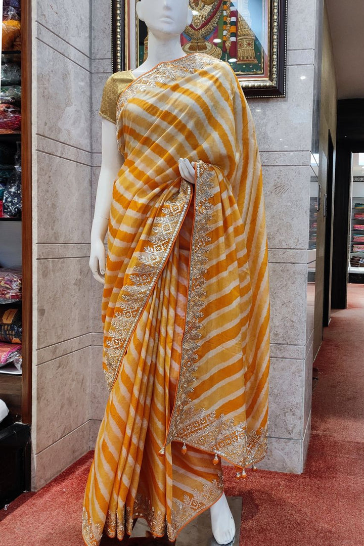Pure Tussar Silk Saree With Leheriya Printed
