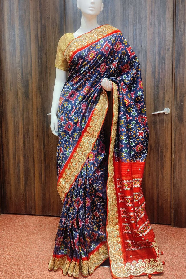 Rajkot Patola Silk Saree In Dark Blue With Contrast Pallu