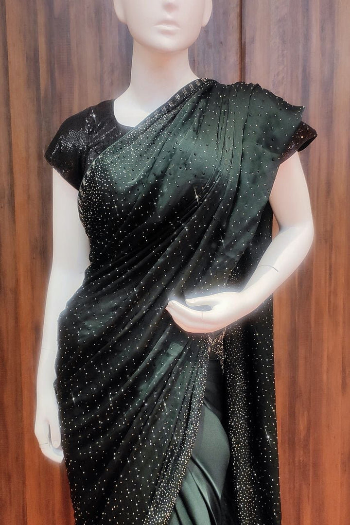 Satin Saree In Dark Green Color 