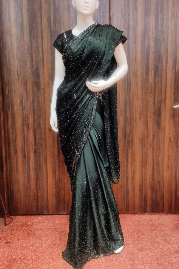 Satin Saree In Dark Green Color With Stone Work