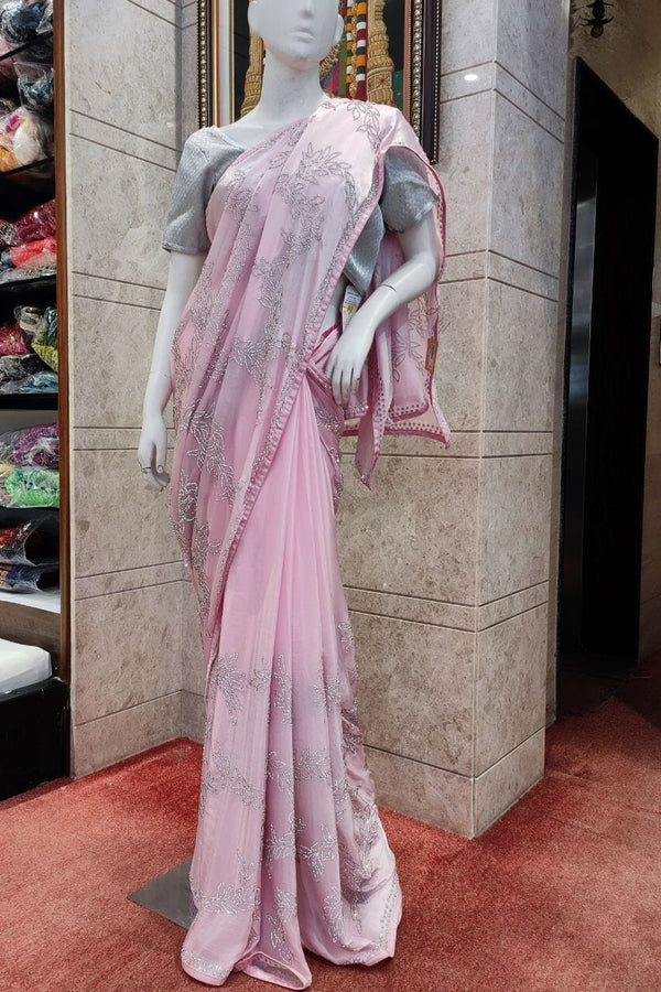 Satin Saree With Stone Work All-Over In Light Pink Color