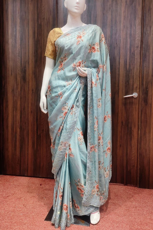 Satin Saree With Stone Work Border