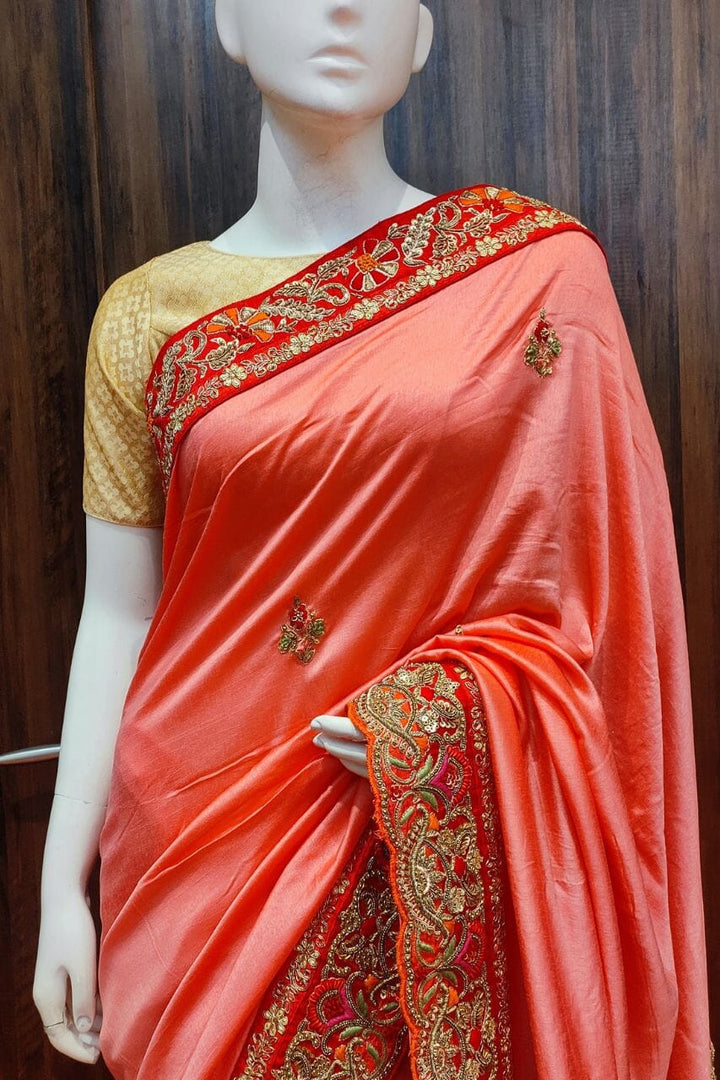 Satin Saree With Zardosi Embroidered Border