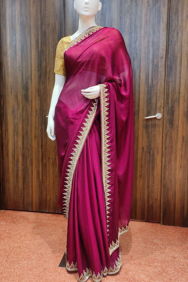 Satin Saree With Zardosi Work Border