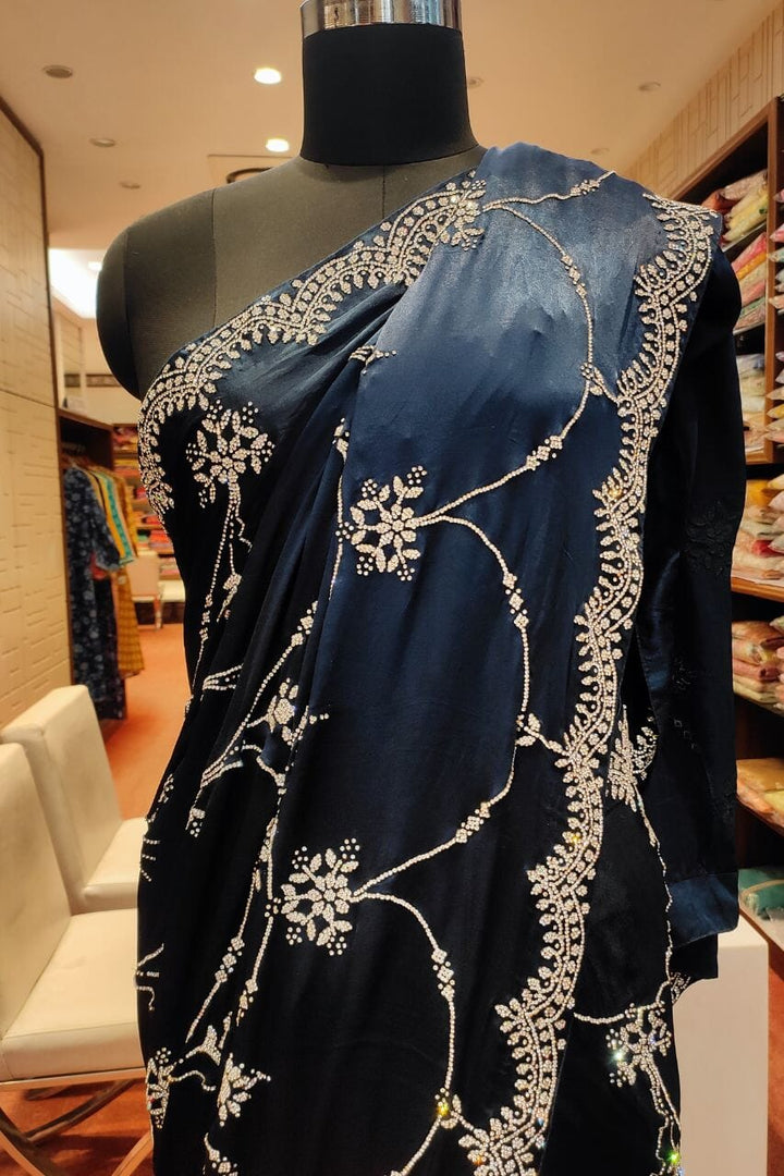 Satin Silk Saree In Navy Blue Color