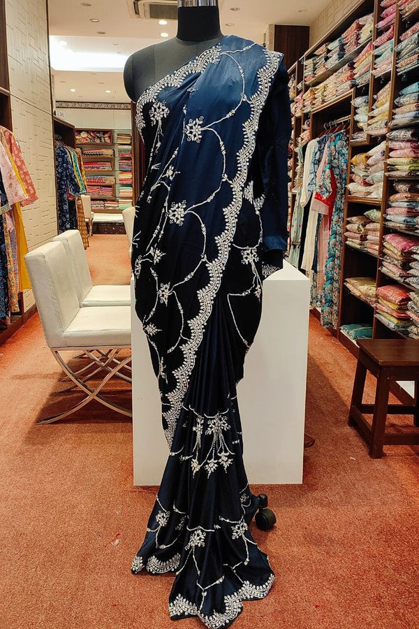 Satin Silk Saree In Navy Blue Color
