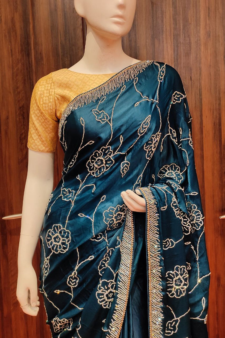  Satin Silk Saree With Stone Work