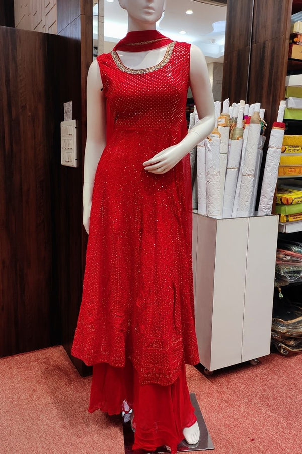 Sharara Set In Red Color With Self Thread Embroidered
