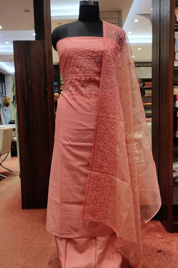 Suit Piece In Peach Color With Organza Dupatta