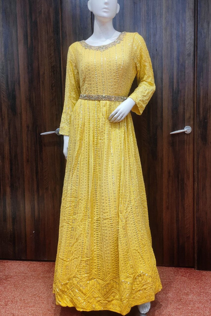 Long Dress In Yellow With Sequins Work