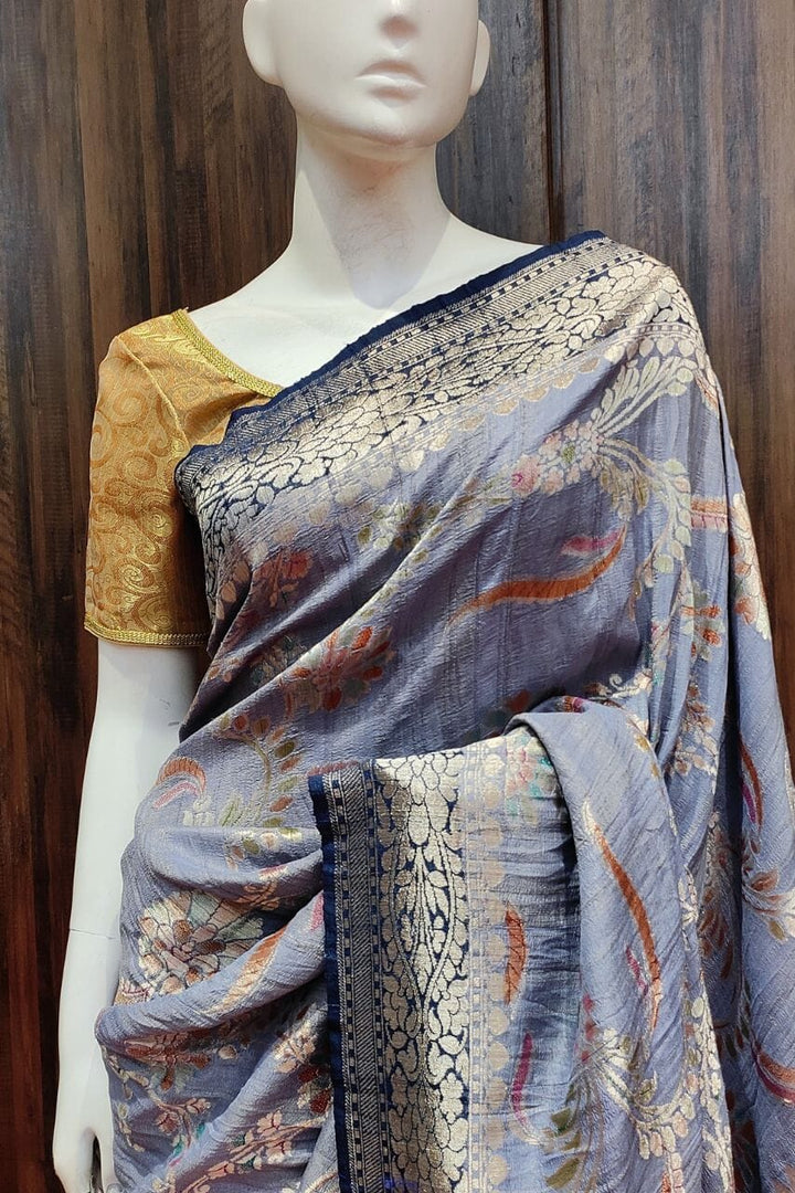 Tussar Silk Saree With Floral Embroidered