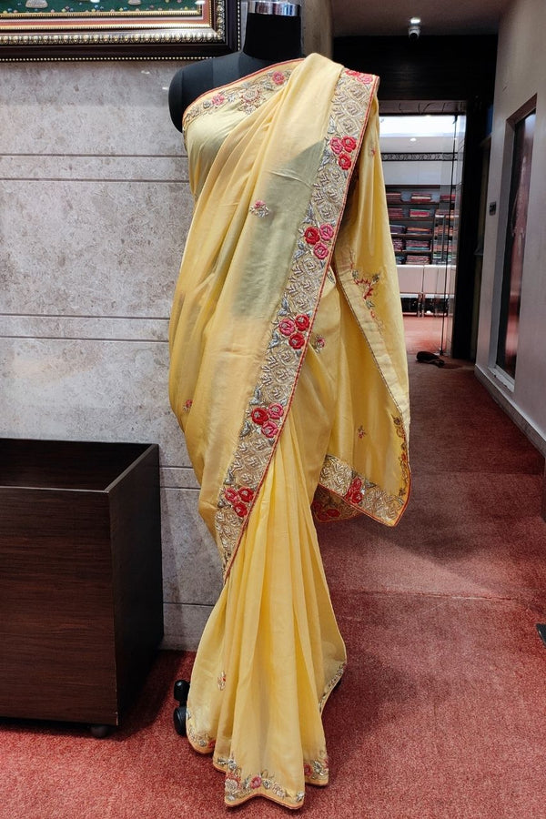 Tussar Silk Saree With Hand Woven Rose Motif Zardosi Embroidered Border