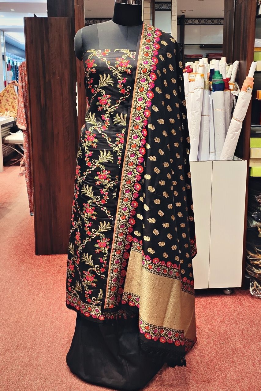 Unstitched Suit Piece In Katan Silk With Floral Embroidery